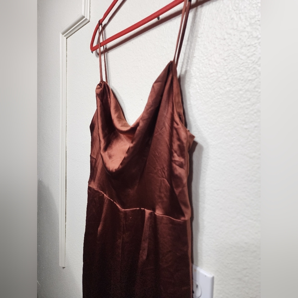 Lulus Perfect Night Brown Satin Cowl Neck Culotte Jumpsuit S Wedding Party - Picture 9 of 12
